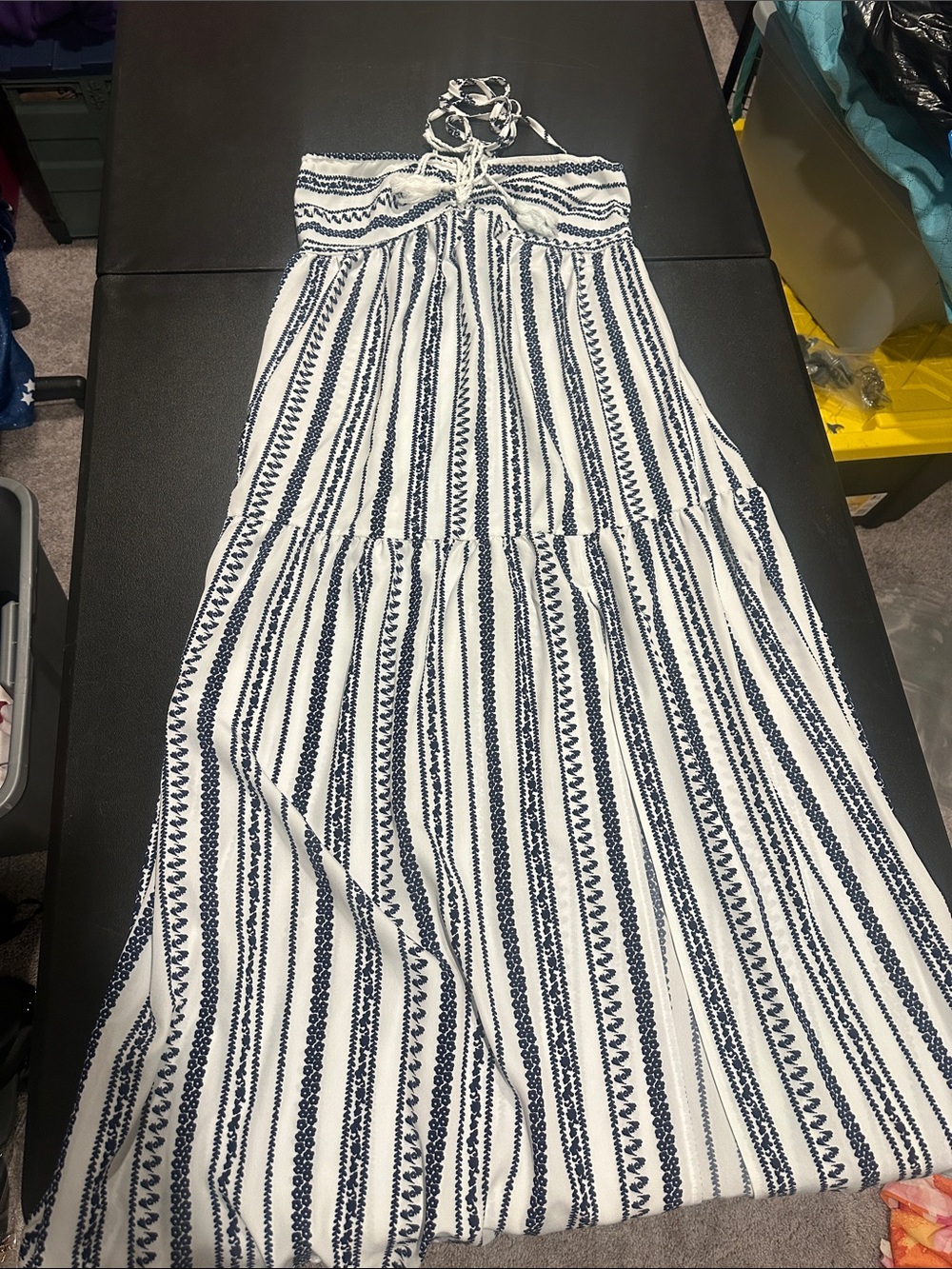 SHEIN White and Navy Strapless Maxi Dress
